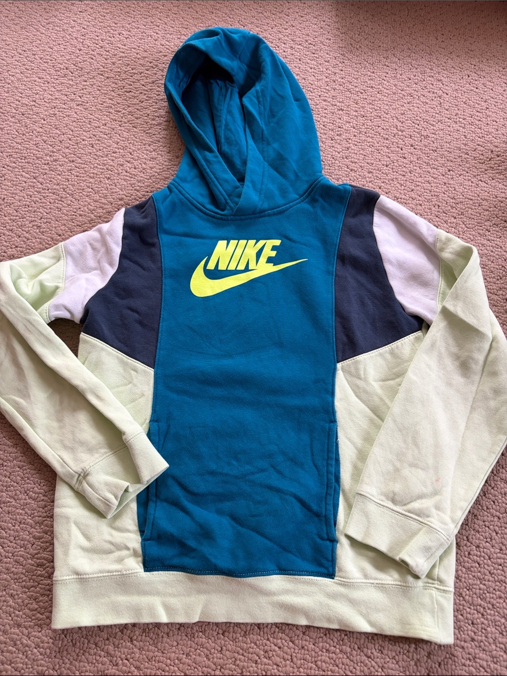 Nike Teal & Light Green Colorblock Pullover Hoodie with Yellow Logo